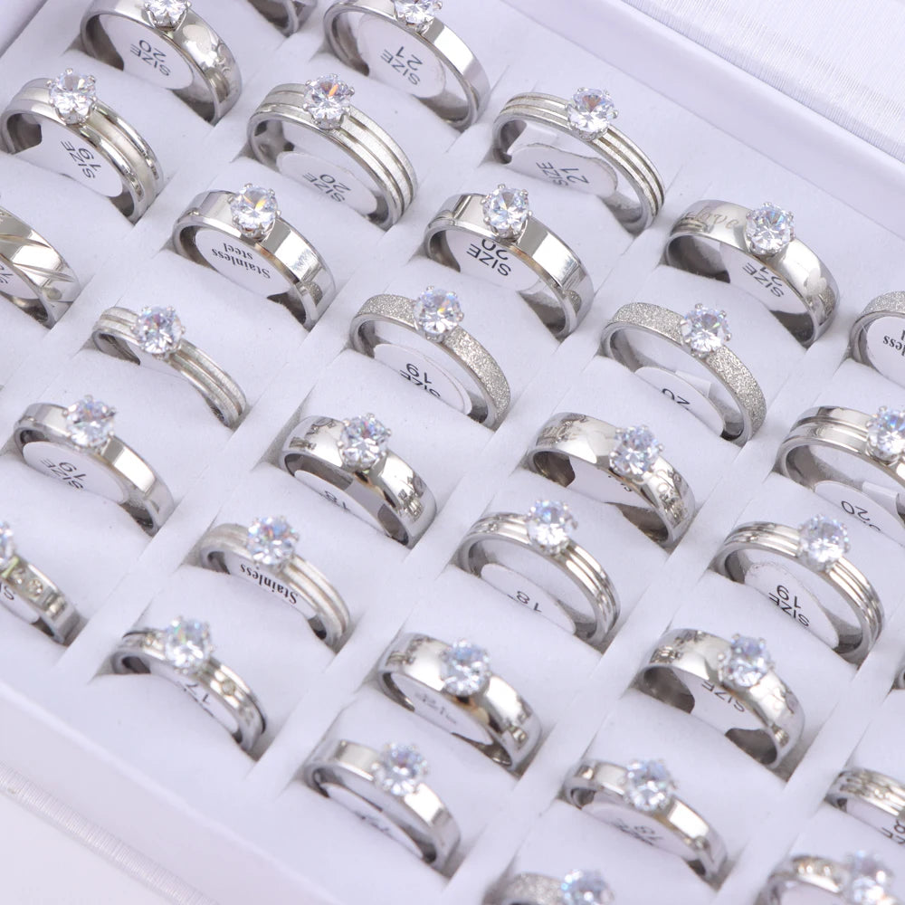 10/20/30/50Pcs/Lot Fashion Elegant Inlaid Stainless Steel Ring With Rhinestone High-end Women's Proposal Engagement Jewelry Gift