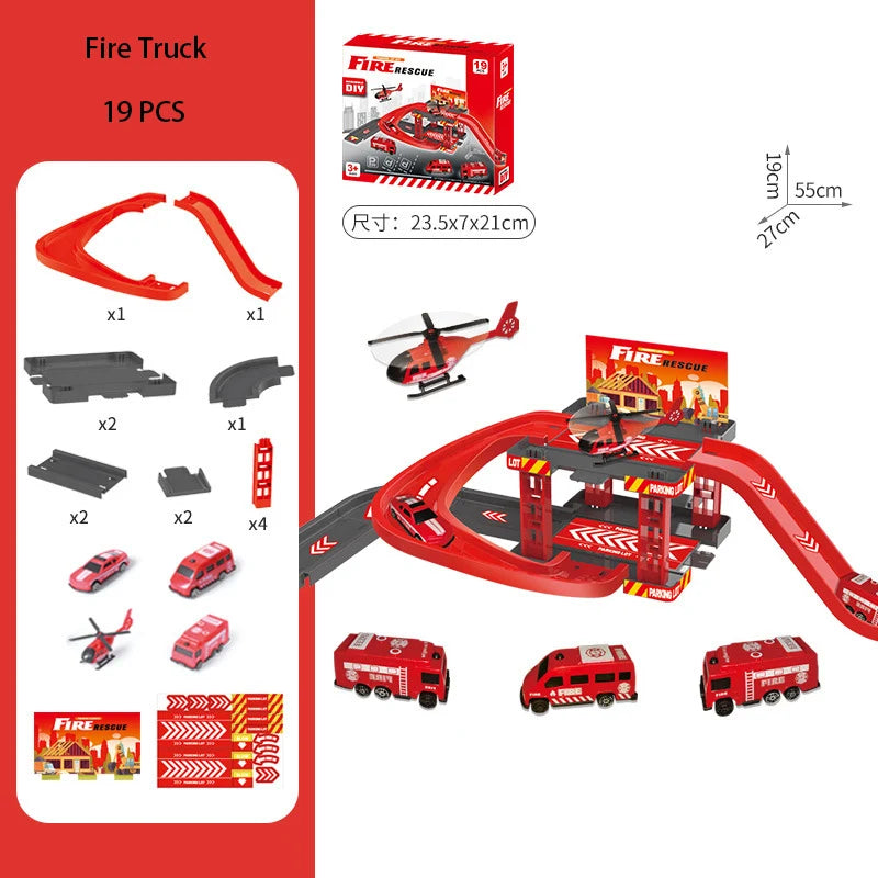 Track Parking Lot Toys Multi-Storey Rail Car Parking Building Fire Police Engineering Vehicle Car Children's Toys