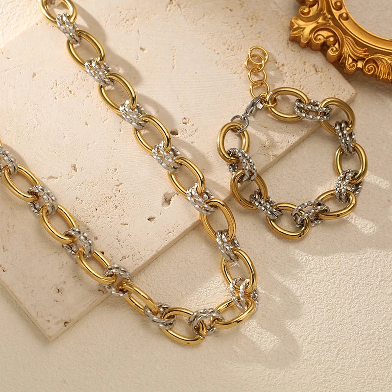 EILIECK 316L Stainless Steel Double Color Oval Necklace Bracelet Set For Women Hip-Hop Punk Twists Neck Chain Jewelry Gift