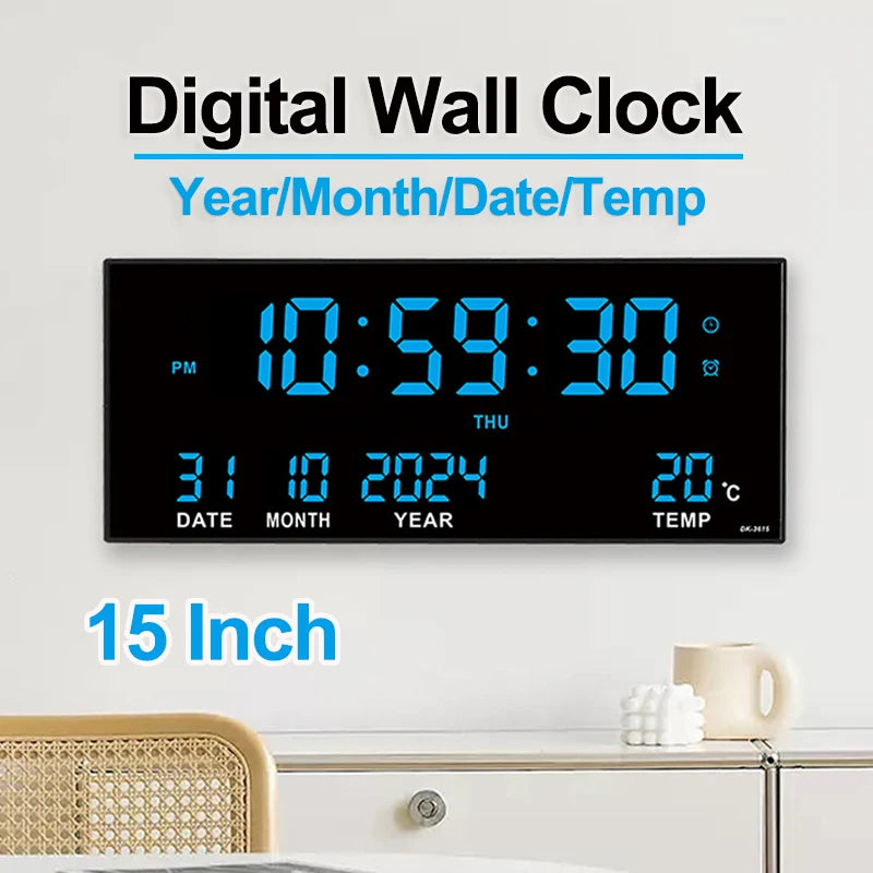 Digital Large Wall Clock Alarm Temperature Date Calendar Display 8 Sets of Alarm Clocks 14'' Electronic LED Clock Plug in Use