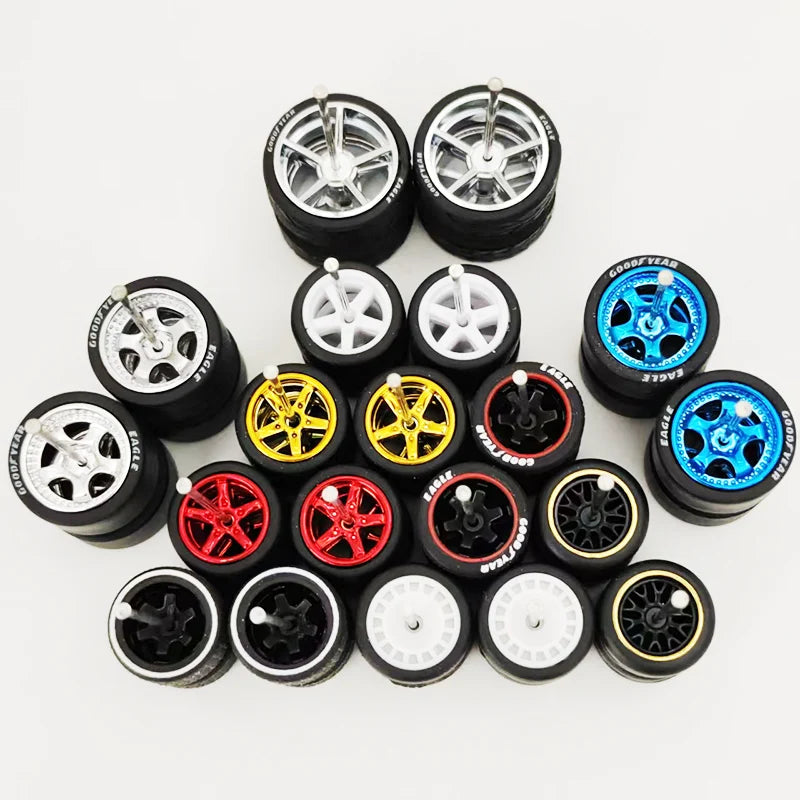 10 Sets 11/12/13/14/17mm 1/64 Alloy Car Wheels Rubber Tires W Axle for HW/Matchbox/Domeka/Evo 1:64 Car Model SUV Off Road Truck
