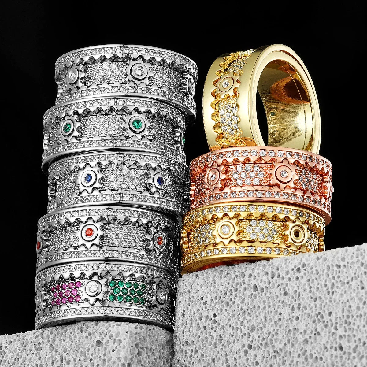 Fidget Spinner Gemstone Gear Men Rings Stainless Steel Women Jewelry Punk New in Rock Hip Hop Fashion Accessories Gift Wholesale