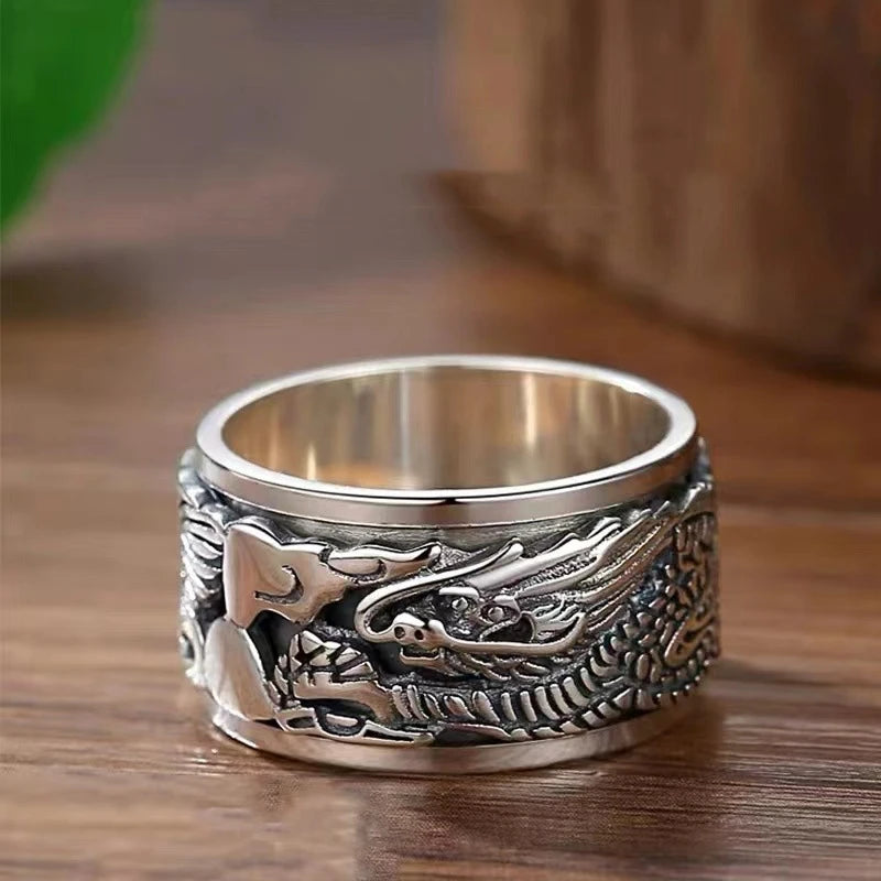12mm Width Real S925 Sterling Silver Lucky Dragon Double Layer Rotatable Closed Dragon Ring For Man Woman Fiine Jewelry Gift