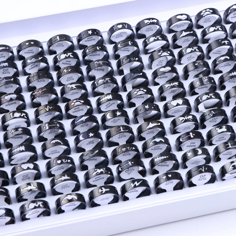 10/20/50/100Pcs/Lot Fashion Stainless Steel Stripe Heart Hollw Rings For Men Women Mix Style Simple Jewelry Party Gifts