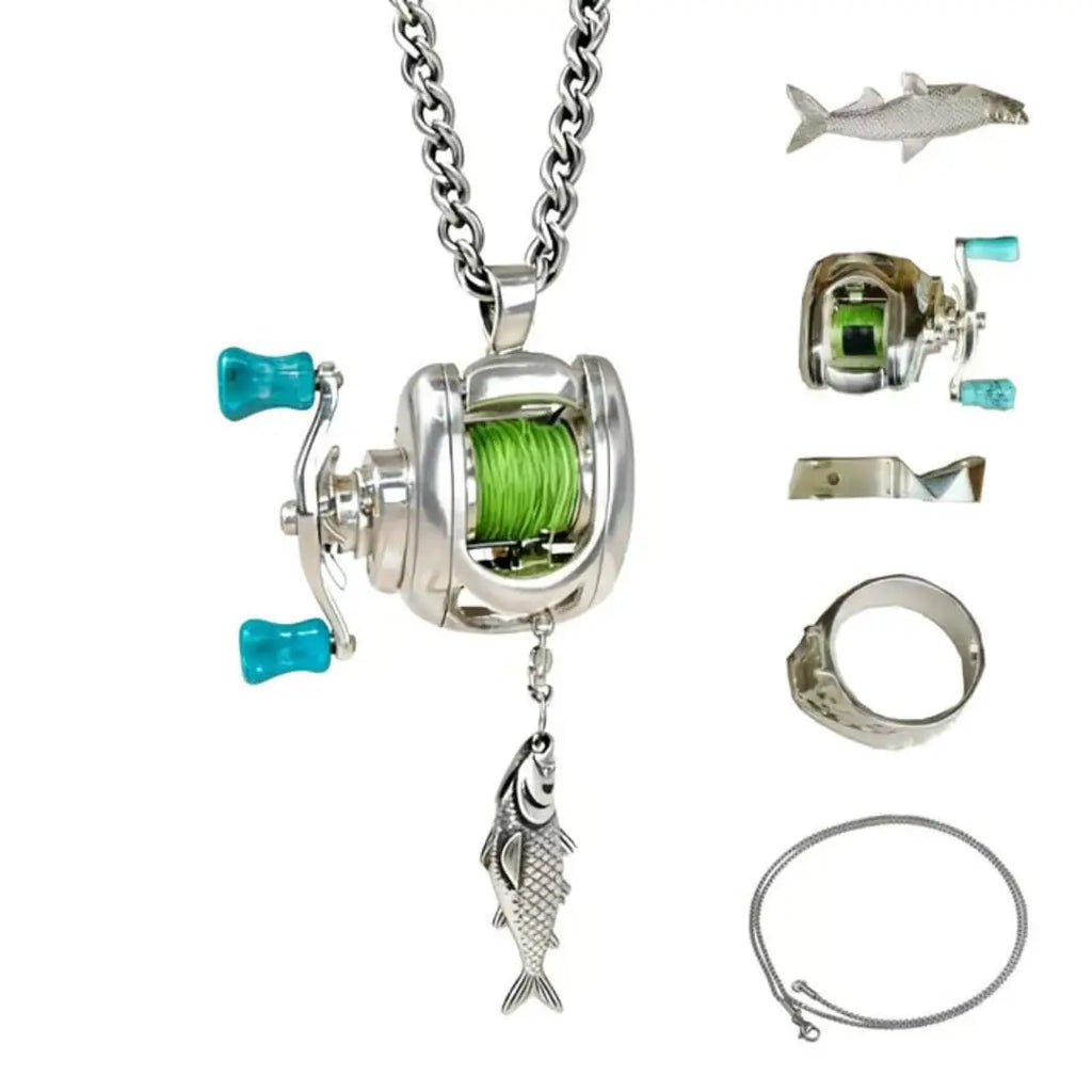 Men Women Mini Fishing Reel Jewelry Set Line Wheel Pendant Necklace Fashion Sporty Outdoor Fishing Jewelry Gift for Anglers