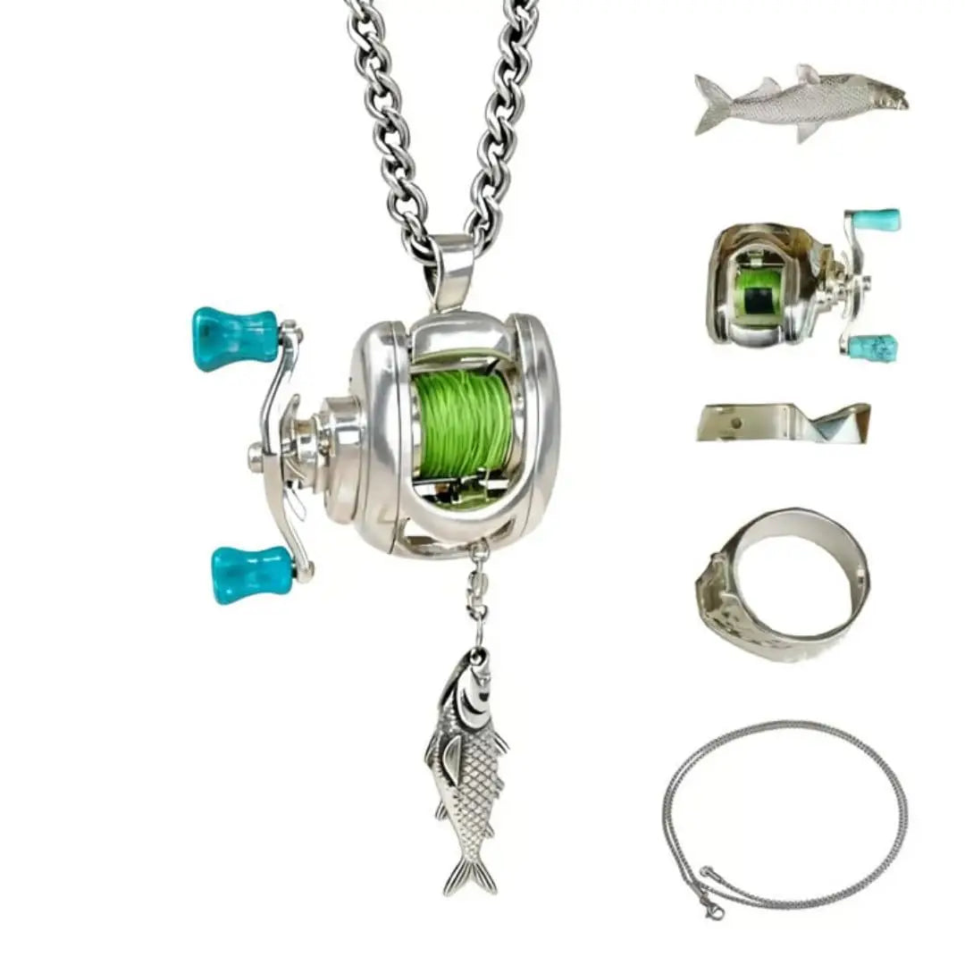 Men Women Mini Fishing Reel Jewelry Set Line Wheel Pendant Necklace Fashion Sporty Outdoor Fishing Jewelry Gift for Anglers