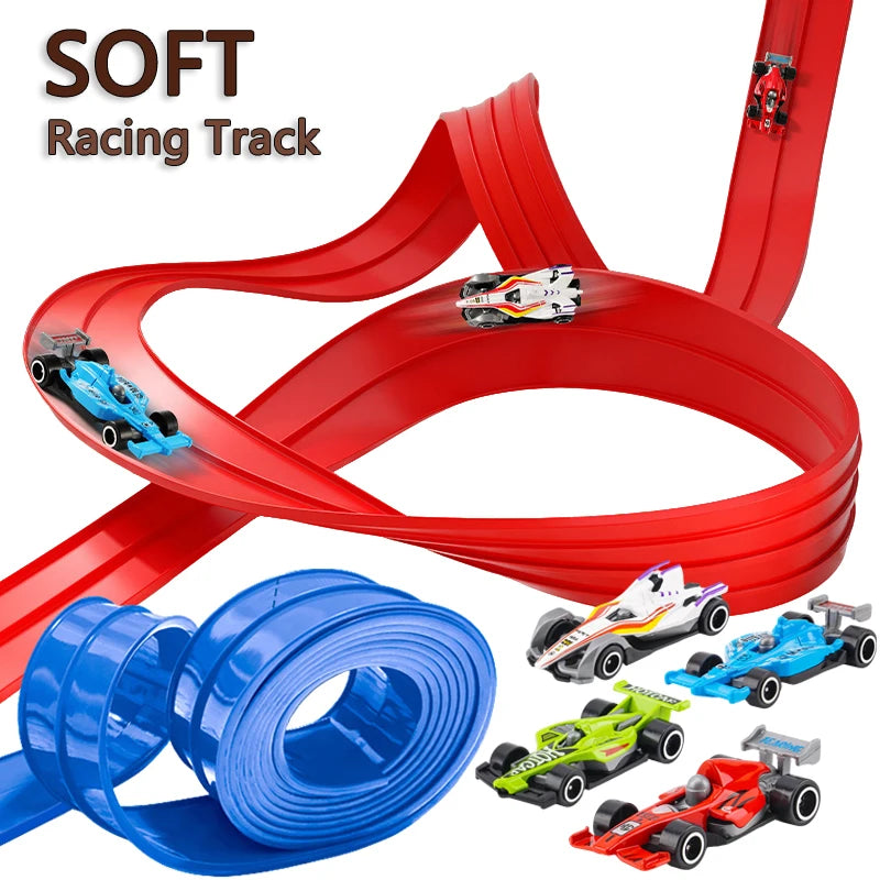 Flexible Race Track Children Toys DIY Double-track Racing Car Ramp Track Compatible 1/64th Cars Portable Rolls Up Race Tracks