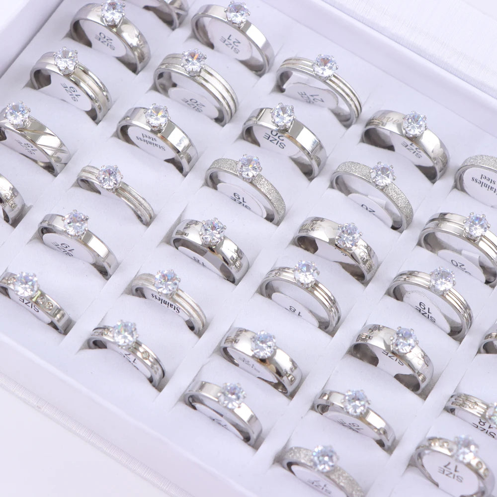 10/20/30/50Pcs/Lot Fashion Elegant Inlaid Stainless Steel Ring With Rhinestone High-end Women's Proposal Engagement Jewelry Gift