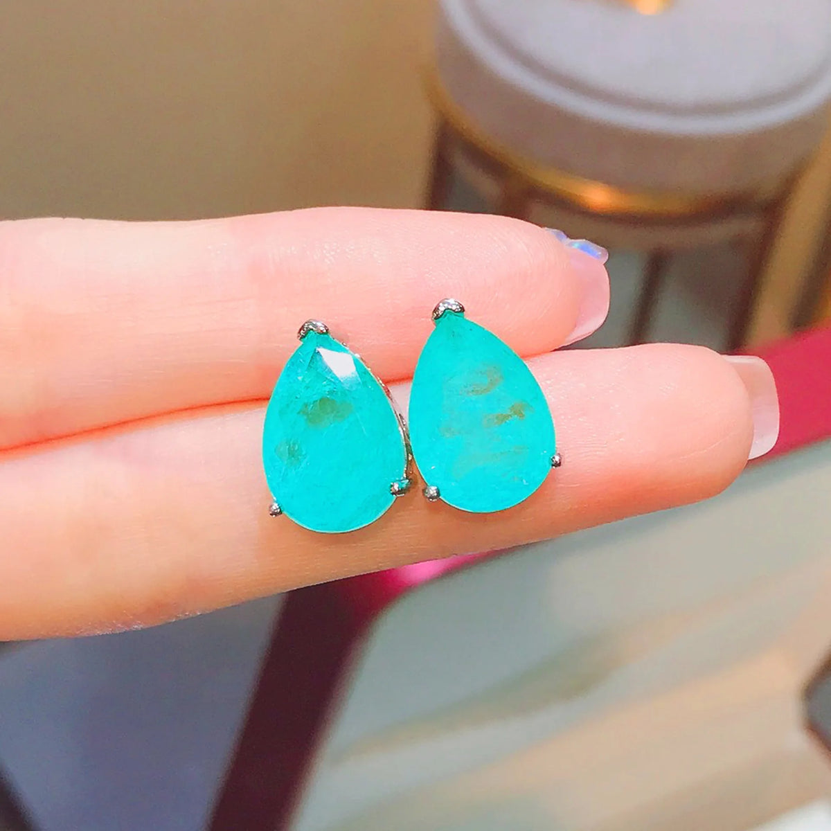Silver Water-drop Shape Paraiba Tourmaline Gemstone Earrings Necklace Set for Women Temperament Ladies Trendy Vintage Jewelry
