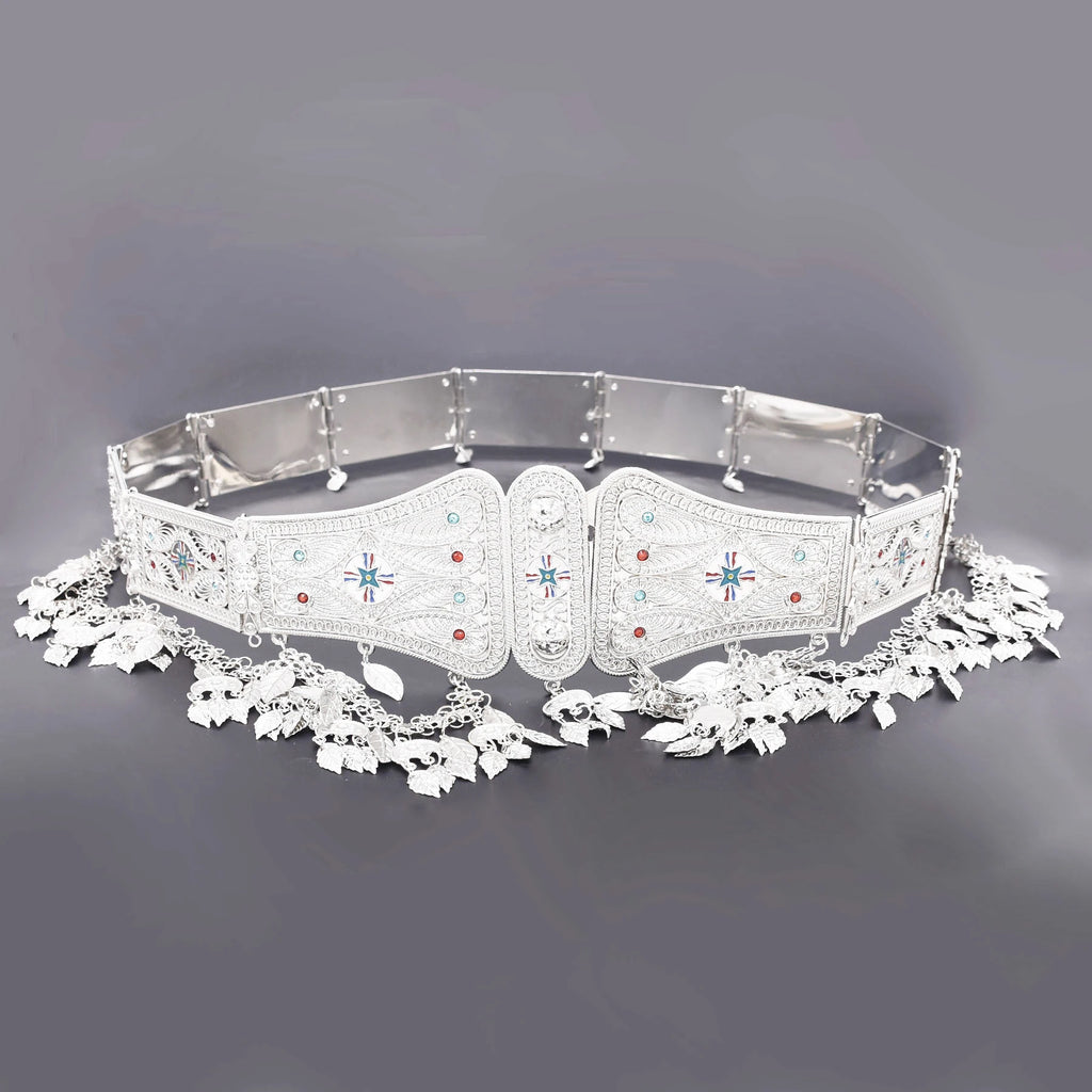 Silver Plated Assyrian Belt Hair Accessories Earrings for Women Kurdish Assyria Ethnic Colorful Flag Leaf Tassel Jewelry Sets