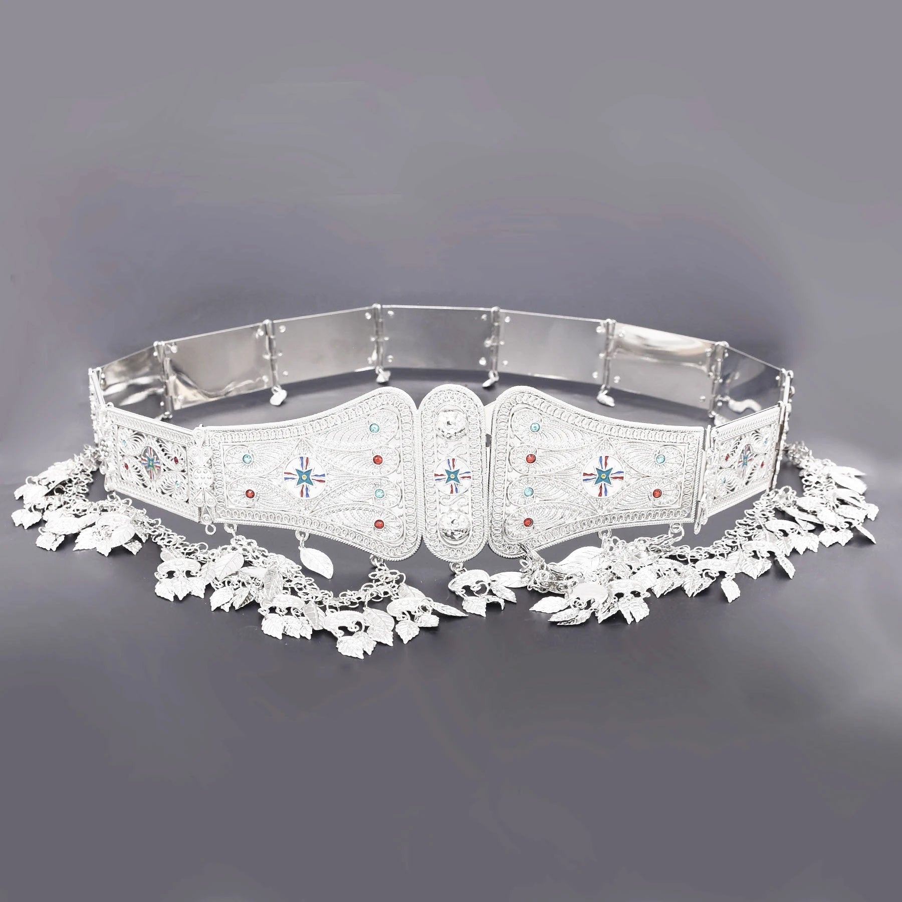 Silver Plated Assyrian Belt Hair Accessories Earrings for Women Kurdish Assyria Ethnic Colorful Flag Leaf Tassel Jewelry Sets