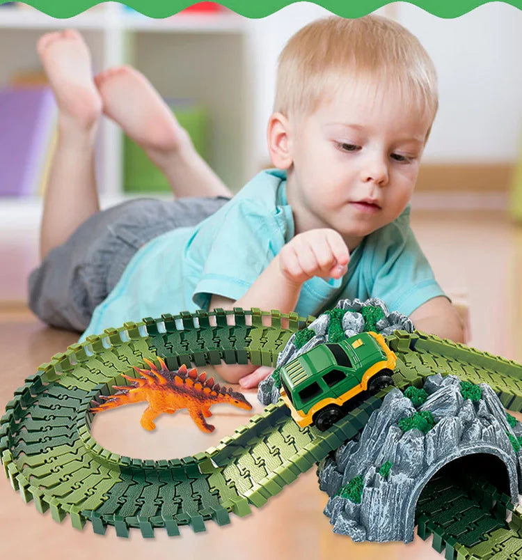 Dinosaur Railway Car Kids Track Racing Track Toys Set Bend Flexible Race Track Flash Light Car Educational Toys for Kids Gifs