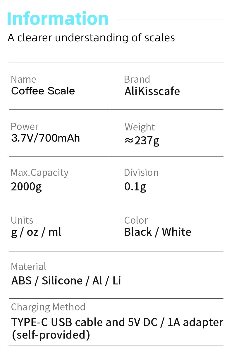 AliKisscafe Kitchen Coffee Scale Digital Scale With Timer Rechargeable Electronic Precision Espresso Accessory Barista Tool Gift