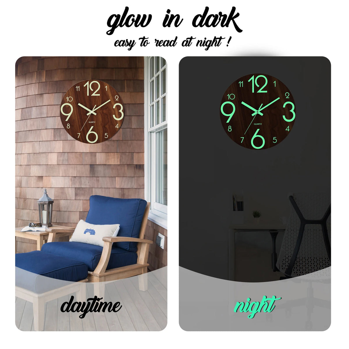 12 Inch Luminous Wall Clock Wood Silent Light in Dark Night Nordic Fashion Wall Clock Non Ticking Clock With Night Light