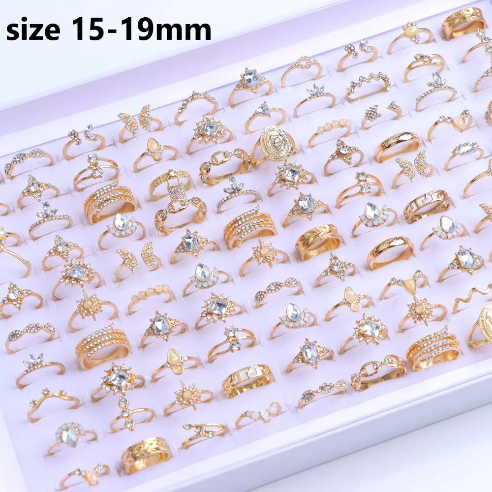 10/20/30/50/100Pcs/Lot Retro Punk Bohemian Rhinestone Carve Rings For Women Mix Style Jewelry Party Gifts Accessories Wholesale