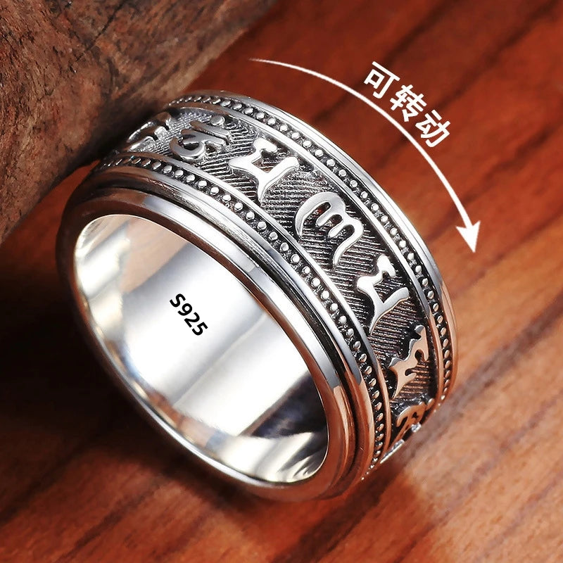 S925 Sterling Silver Ring Men Women Retro Buddhist Six-Character Great Mantra Ring Male Female Amulet Jewelry Exquisite Gift