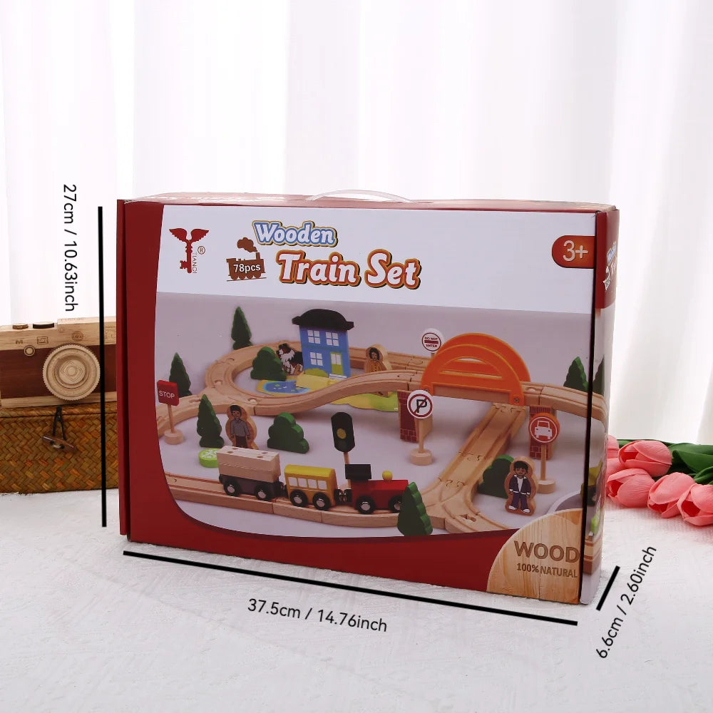 Boys Wooden Track Train Set Wooden Railway Car Educational Toys Compatible for Wooden Track Toys for Kids Gift
