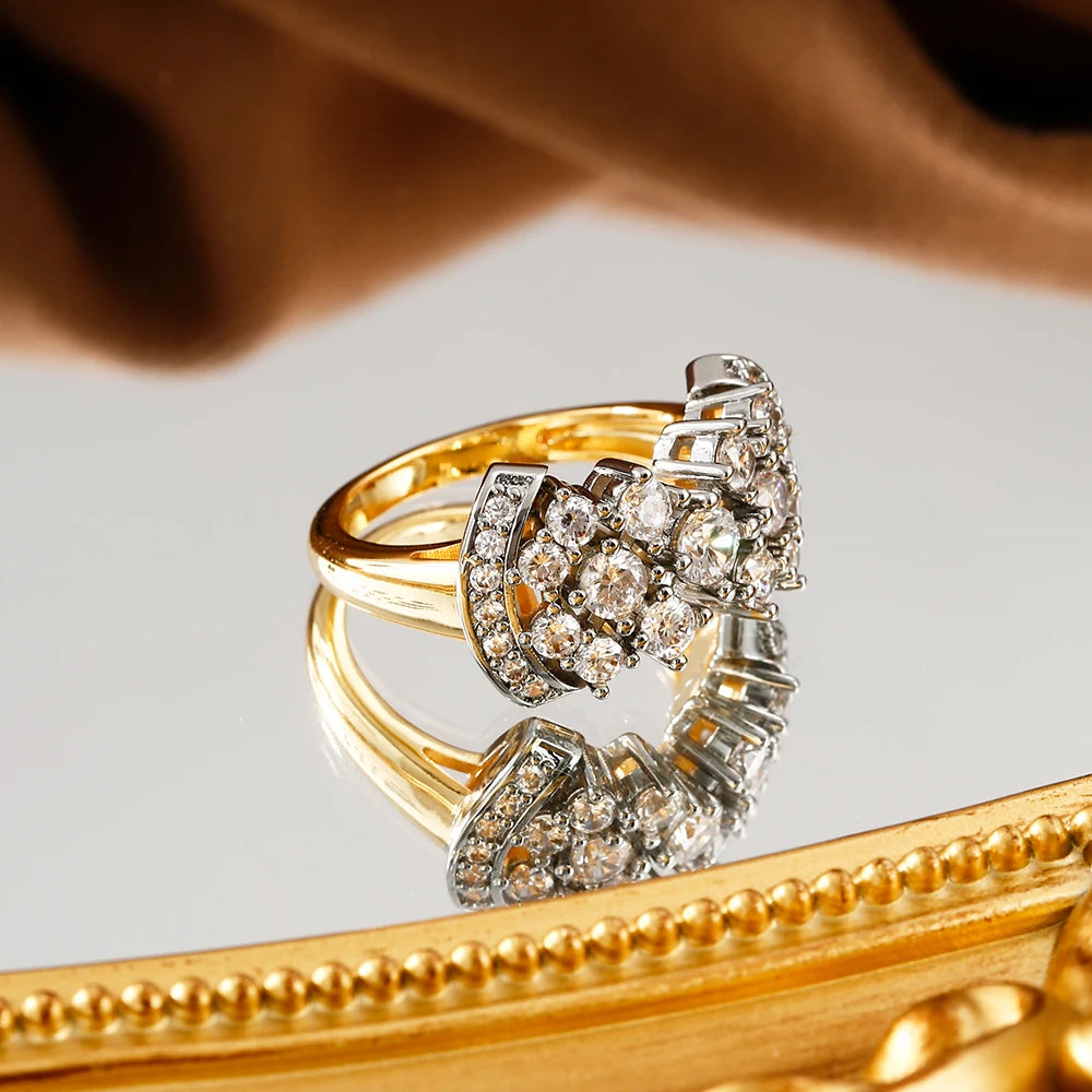 Shiny inlaid zircon earrings ring for women retro fashion jewelry copper plated 14K gold luxury banquet holiday gift jewelry set