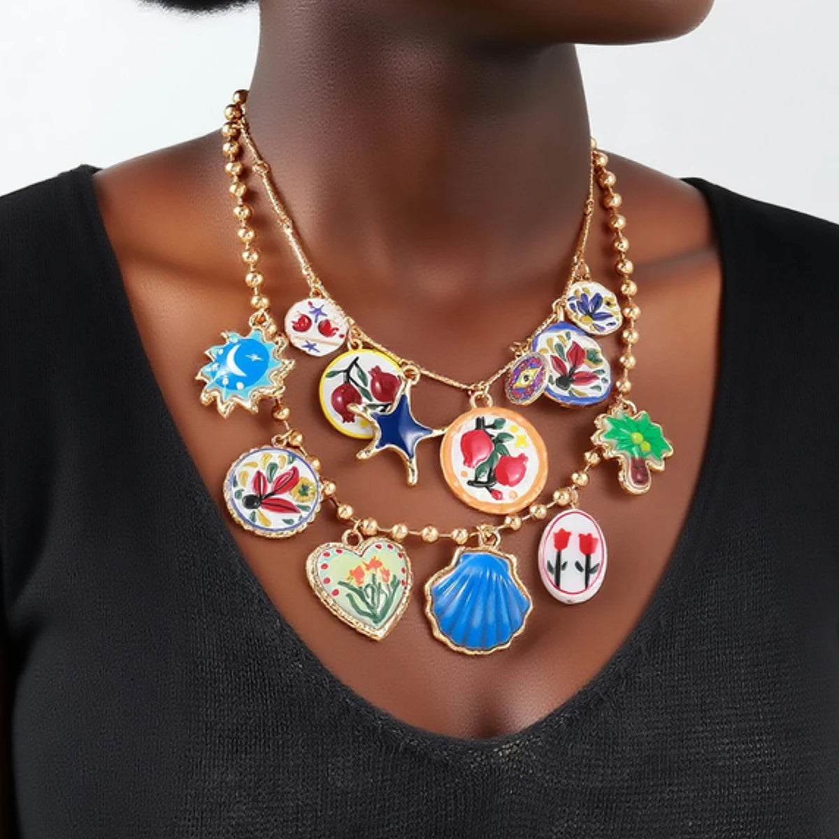 Personality Design Geometric Metal Painting Palm Tree Flower Pendant Necklaces for Women 2025 Trend Jewelry Neck Accessories
