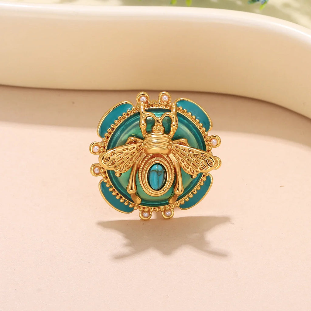 Elegant 18K Gold Plated Bee Charm Jewelry Set - Teal Enamel Ring, Pendant Necklace & Stud Earrings for Women