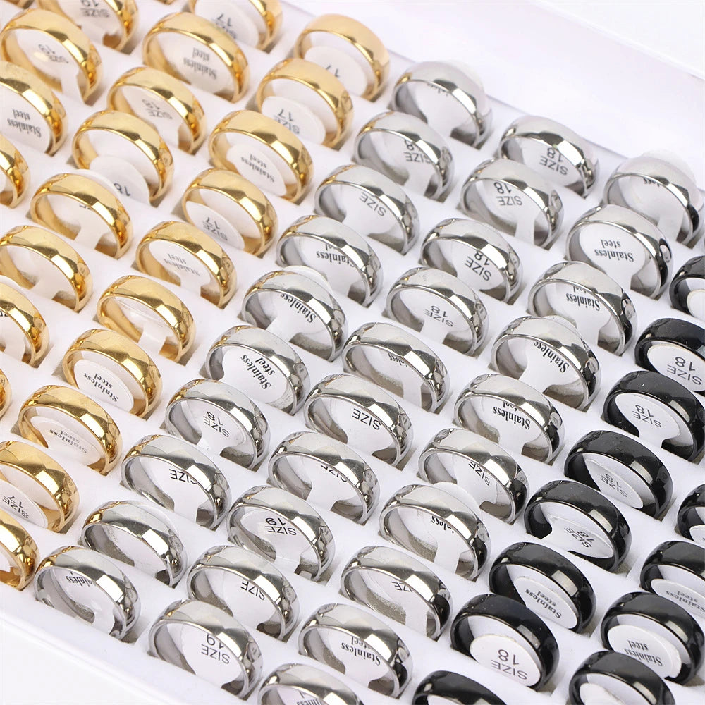 100Pcs/lot Fashion Smooth Stainless Steel Rings For Women Men Width 2-8mm Simple Lovers Jewelry Party