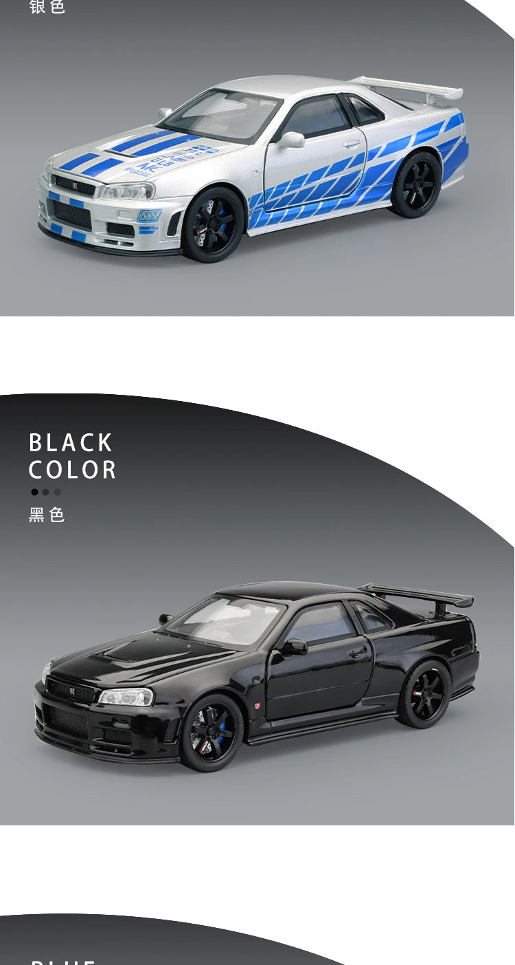 1:32 Scale GTR R34 R35 Diecast Model Alloy Toy Sport Cars Sound Light Pull Back high simulation Kid Birthday Gift Collect