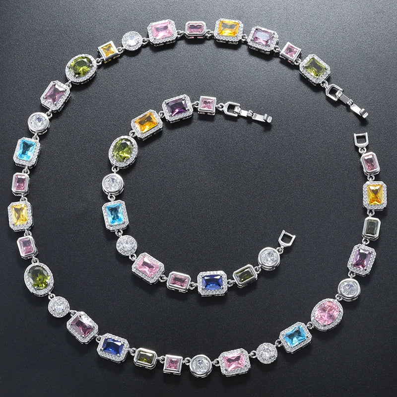 Colorful Mosaic Geometric Zircon Bracelet/Necklace Set Hip-Hop Retro Unisex Couple's 18K Gold-Plated Brass Jewelry:VL661 VL662