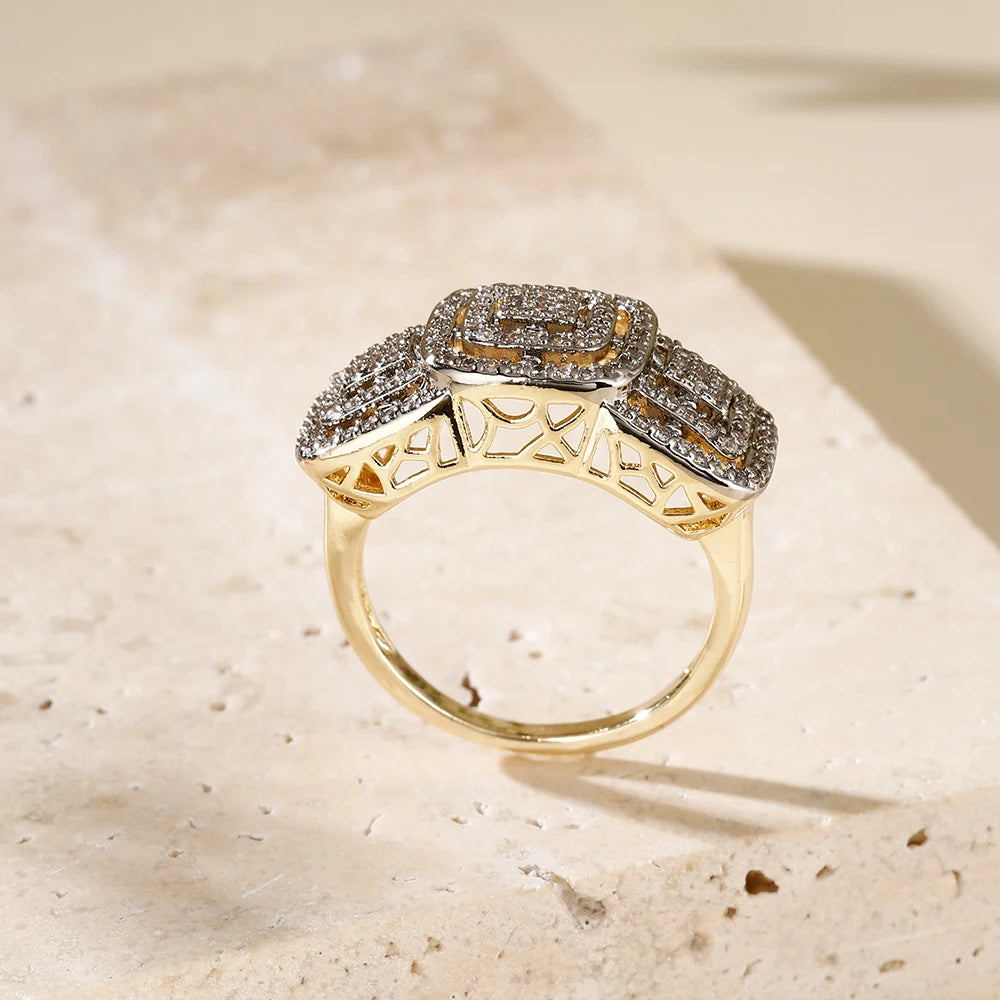 Square inlaid zircon large earrings and ring set copper-plated 14K gold ladies elegant fashion jewelry three-piece set