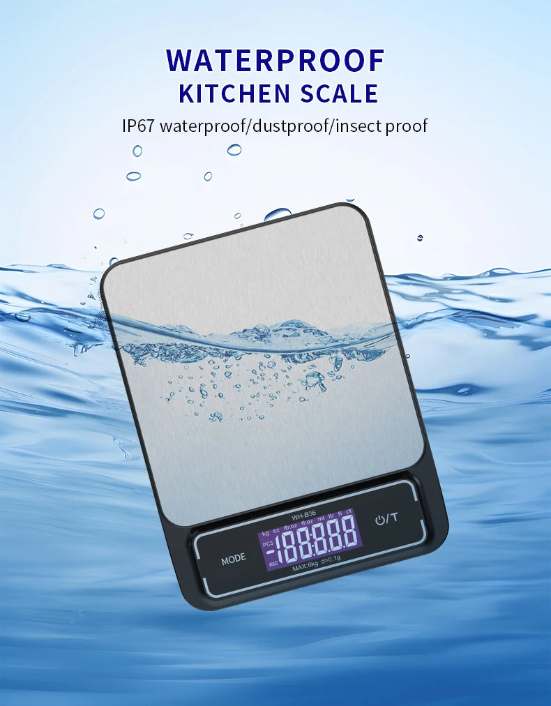 6kg/0.1g 10kg/1g Digital Electronic Kitchen Scale LCD Display Fully Waterproof Stainless Steel Measuring Weighing Baking Tool