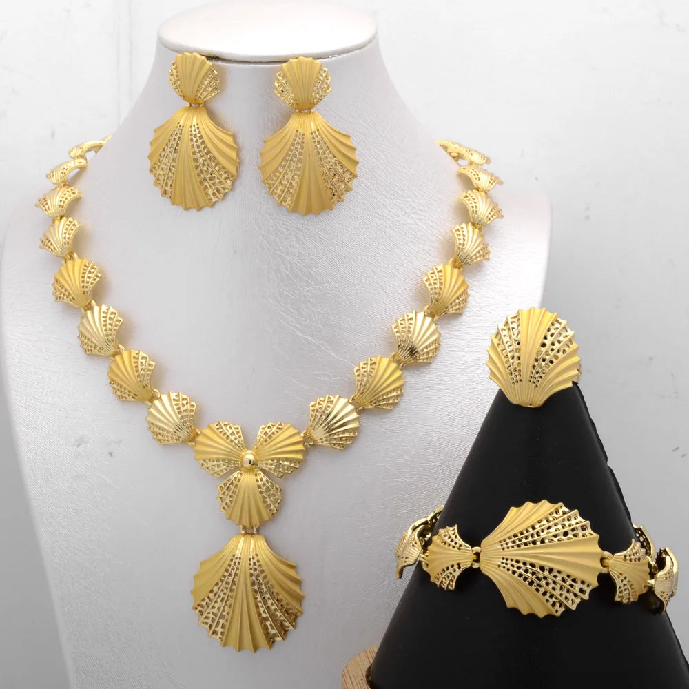 Sunny Jewelry Set Costume Shell Earrings Necklace Bracelet Ring Simple Design Gold Plated For Women Bridal Wedding Party
