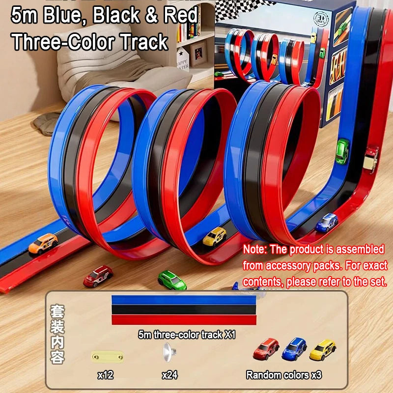 3-Lane Flexible Race Tracks Toy Kid Flex Race Track Vehicle Playsets Compatible 1/64 Cars Portable Roll Up Ramp Tracks Boys Gift