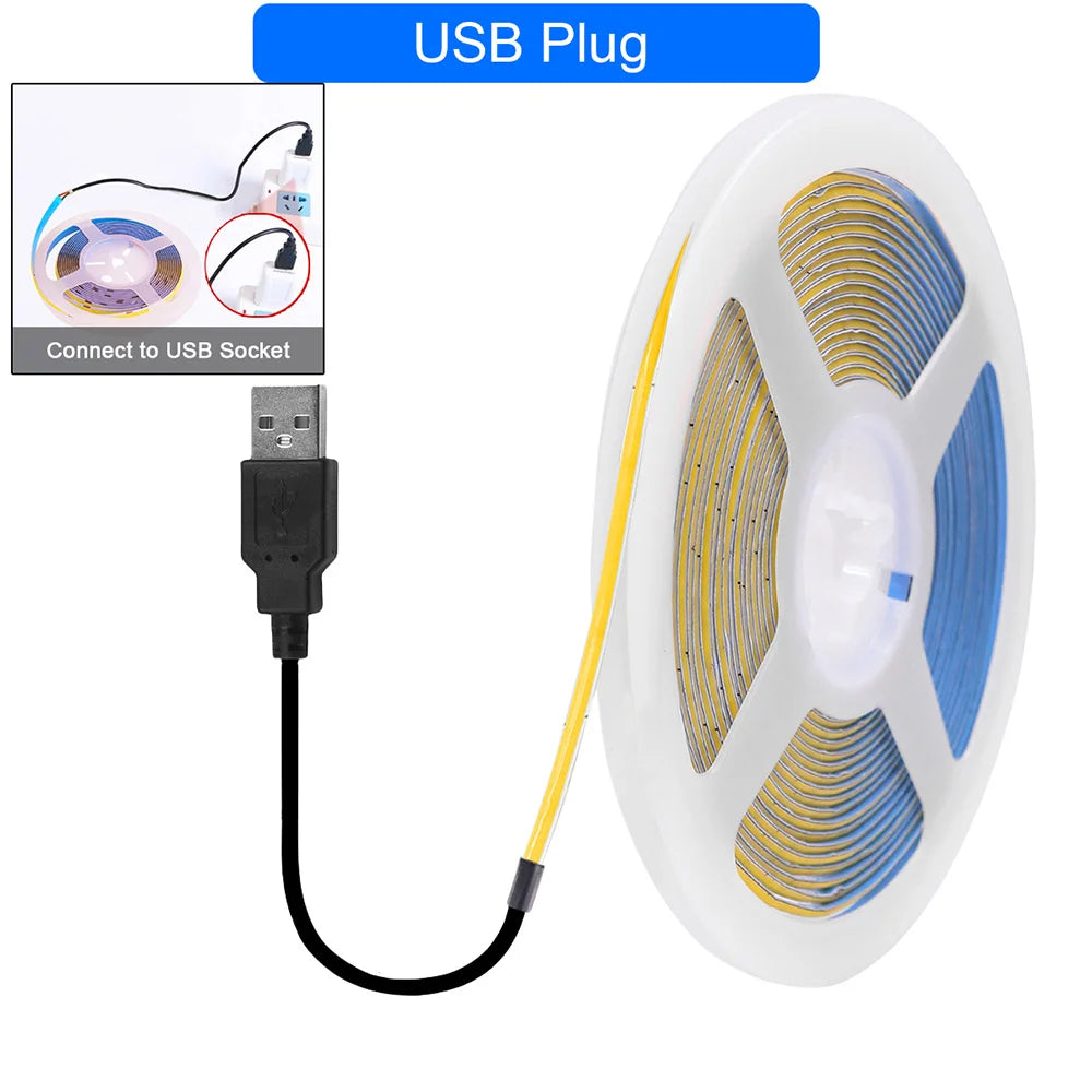5V USB 3mm PCB COB LED Strip Light with Switch Dimmer Remote Control 320 LEDs High Density Linear Lighting Flexible Tape Lamp