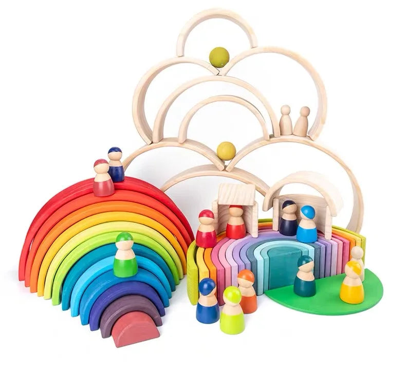 Wooden Rainbow Block Colorful Stacking Building Block Children Open-shaped Creative Building Blocks Montessori Educational Toy