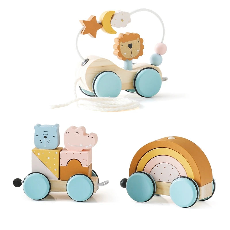 Wooden Montessori Toys Animal Block Dragging Stars Moon Surround Train  Hand Coordination Stacking Toy Handmade Decoration Gifts