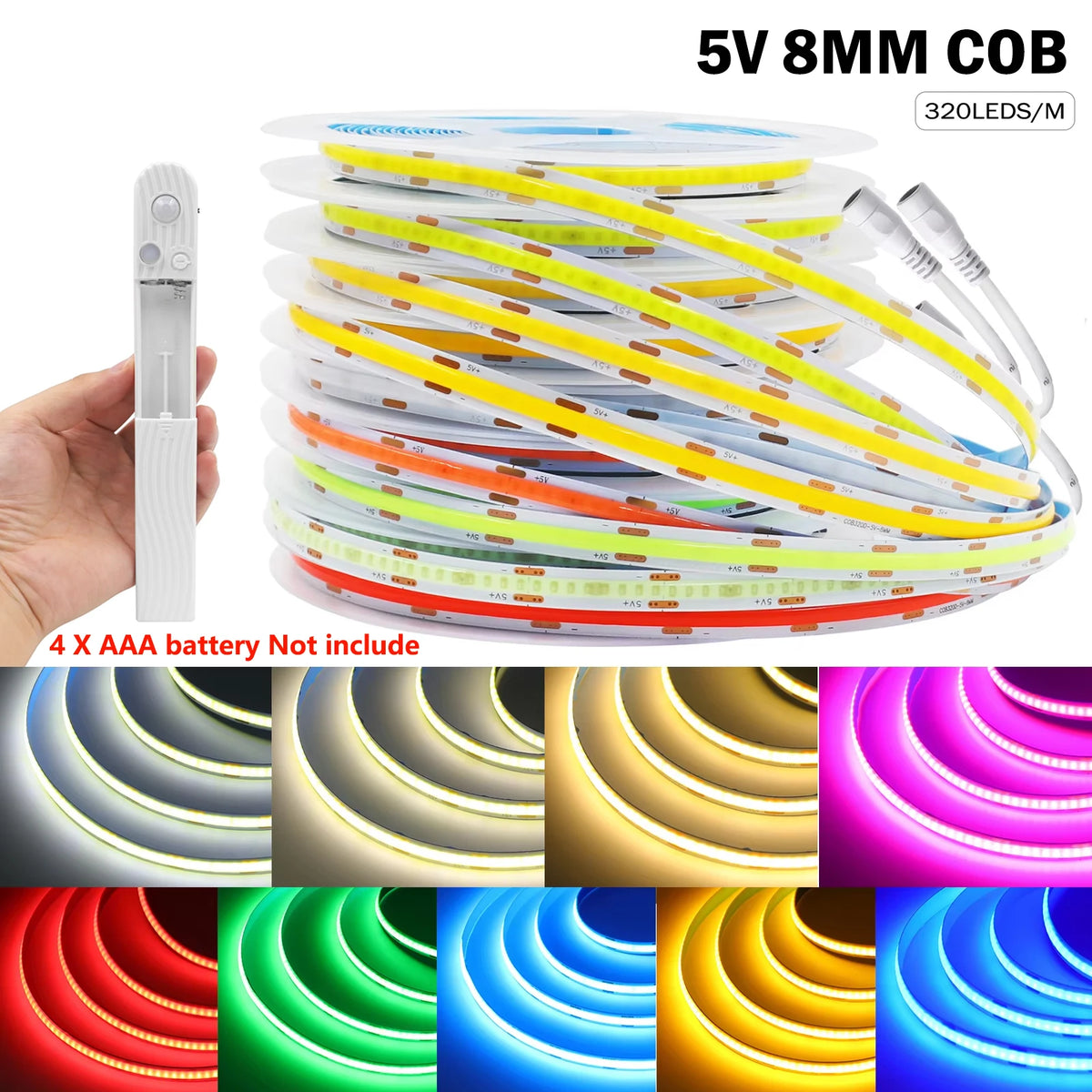8MM COB Led Strip 5V with Motion Sensor Battery Powered 320LEDs/M Led Induction Night Light Warm White Red Ice Blue Green Yellow