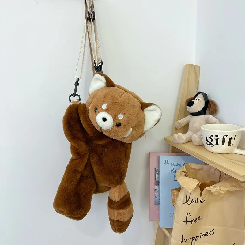 Red Panda Plush Backpack Cute Plushie Doll Women Crossbody Fur Soft Shoulder Bag for Camping Travel Party Female Birthday Gift
