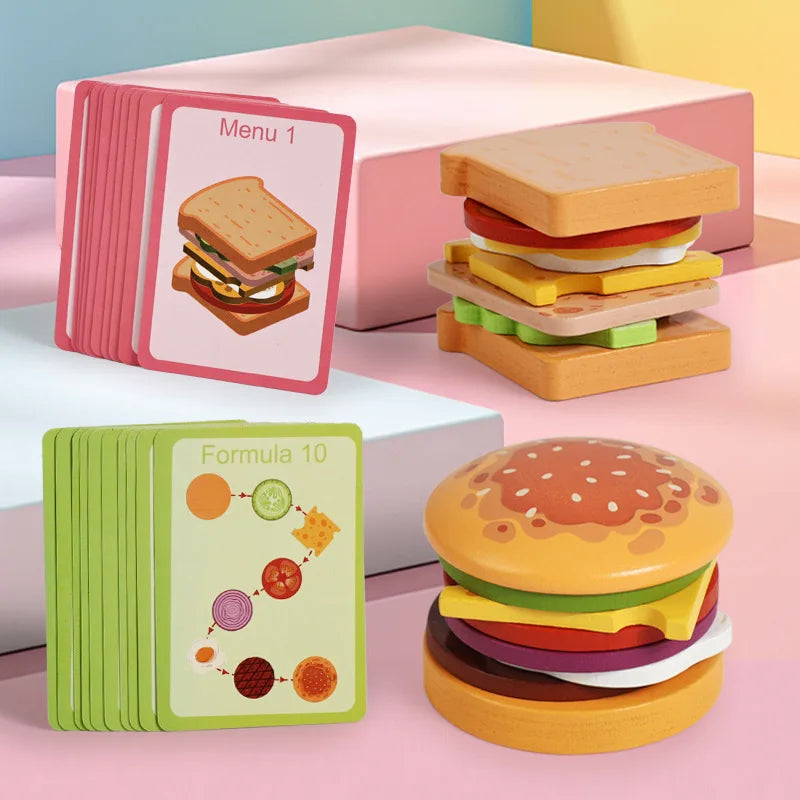 Montessori Wooden Burger Stacking Toys for Toddlers Kids Preschool Educational Toys Play Food Matching Birthday Toy For Kids