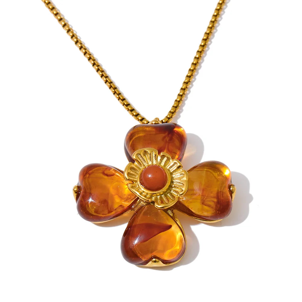 Yhpup Hot Style Acrylic Flower Pendant Necklace Earrings Ring Set for Women Stainless Steel Exquisite Jewelry Wholesale