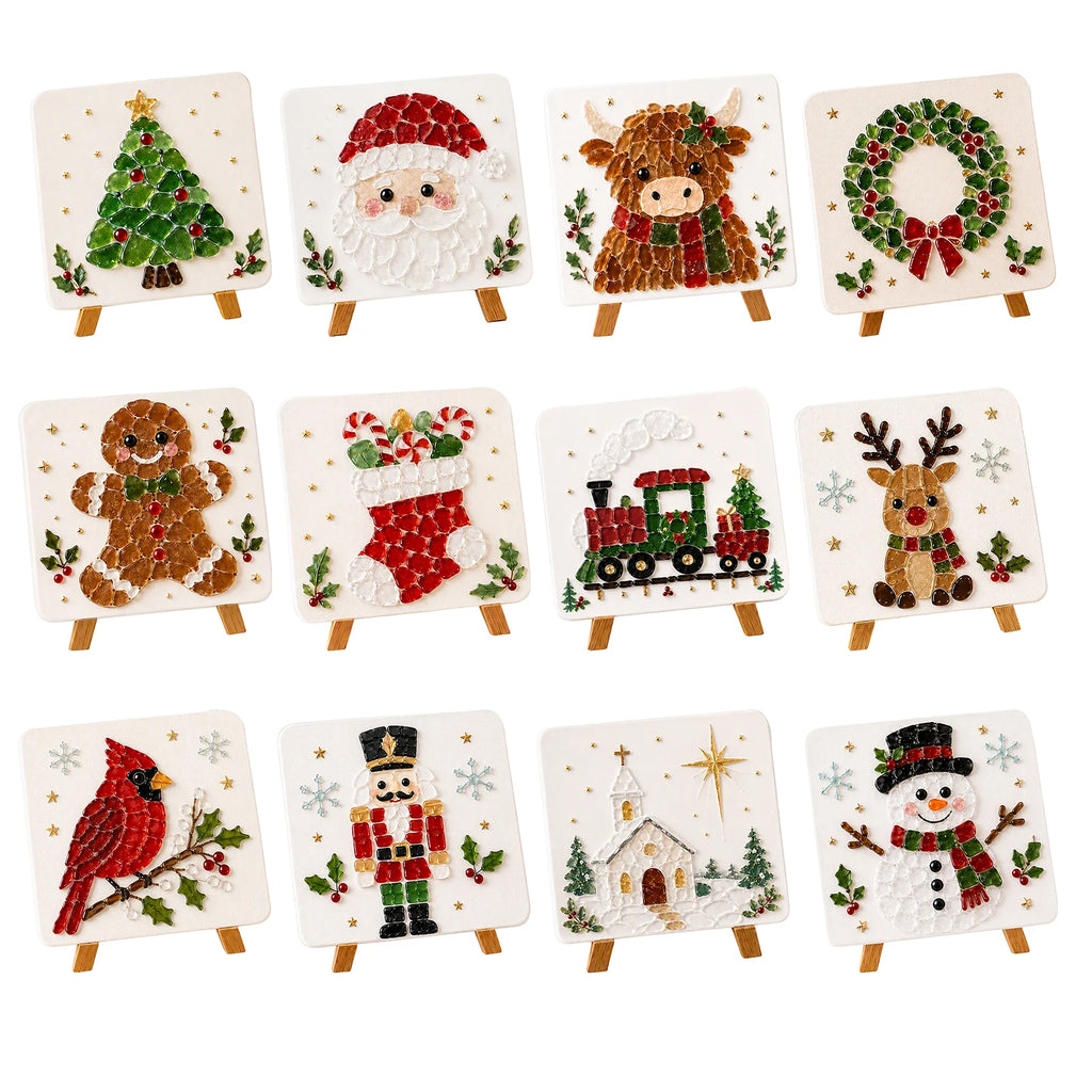 Holiday Mosaic Decoration DIY Kit Christmas Reindeer Sea Glass Art Craft Set with Tweezers Stand Complete Tools