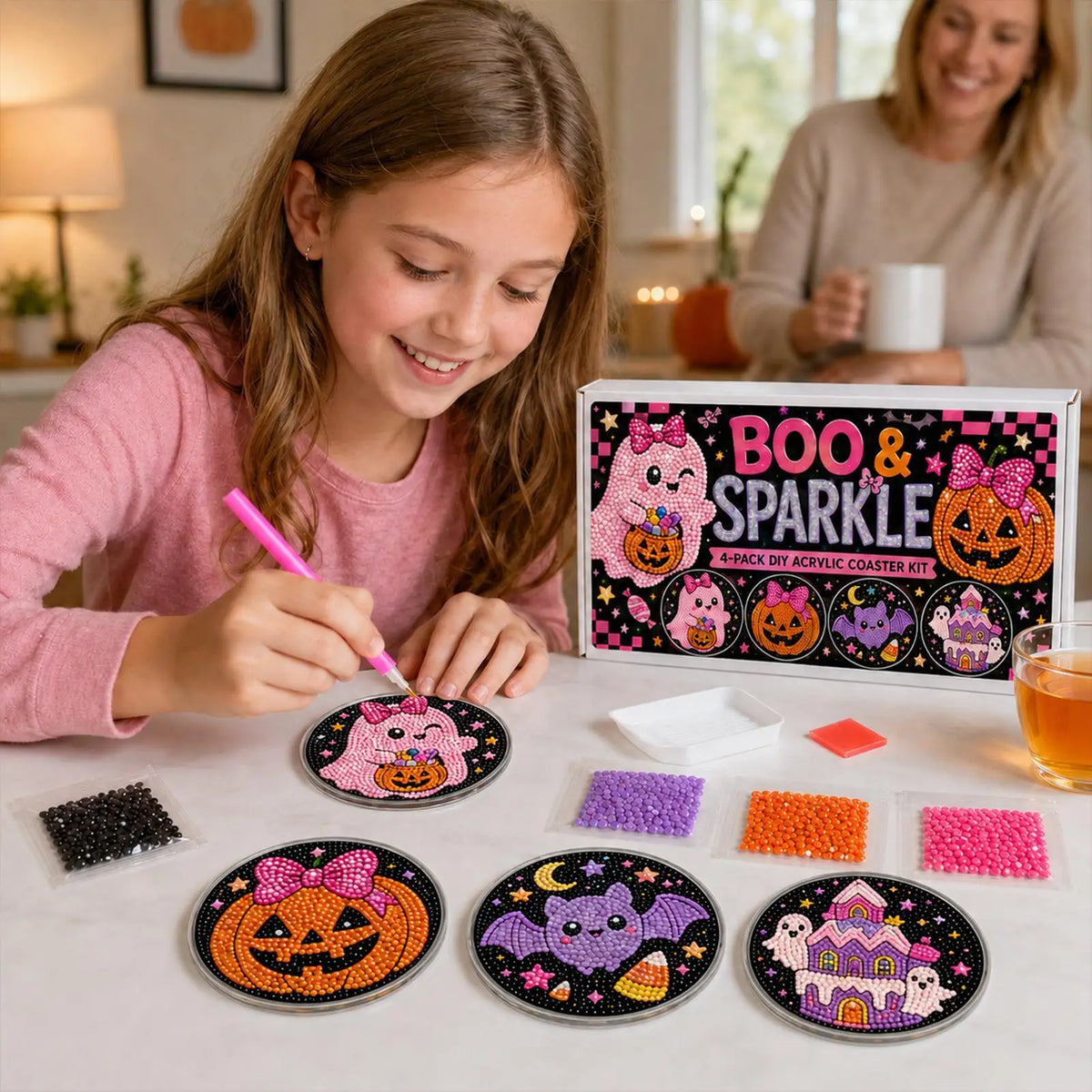 Halloween Pearl Painting Bead Kit DIY Spooky Ghost Witch Acrylic Non-Slip Coaster Making Pearl Art Craft Set for Adults Beginner