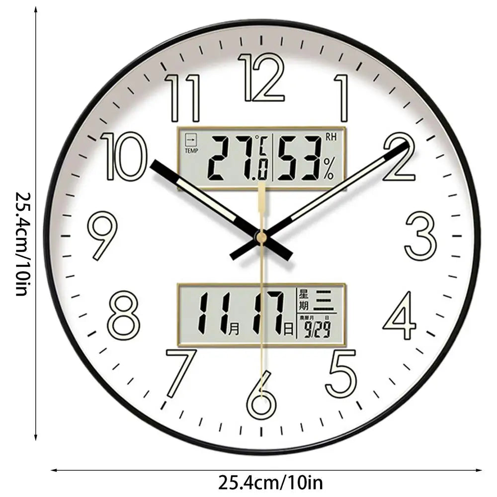 Non Ticking Wall Clock Round Wall Clock Glow In Dark Home Decor Featuring Calendar 10/12/14 Inch Large Digital Display Night