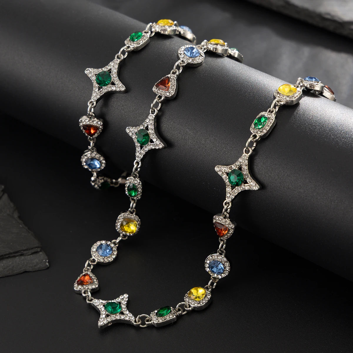 Ingemark Boho Luxury Colorful Crystal Chain Necklace Bracelet for Men Exquisite Creative Adjustable Link Couple Jewelry Set New