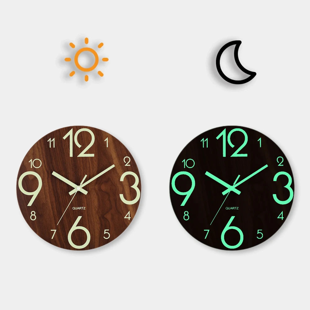 12 Inch Luminous Wall Clock Wood Silent Light in Dark Night Nordic Fashion Wall Clock Non Ticking Clock With Night Light