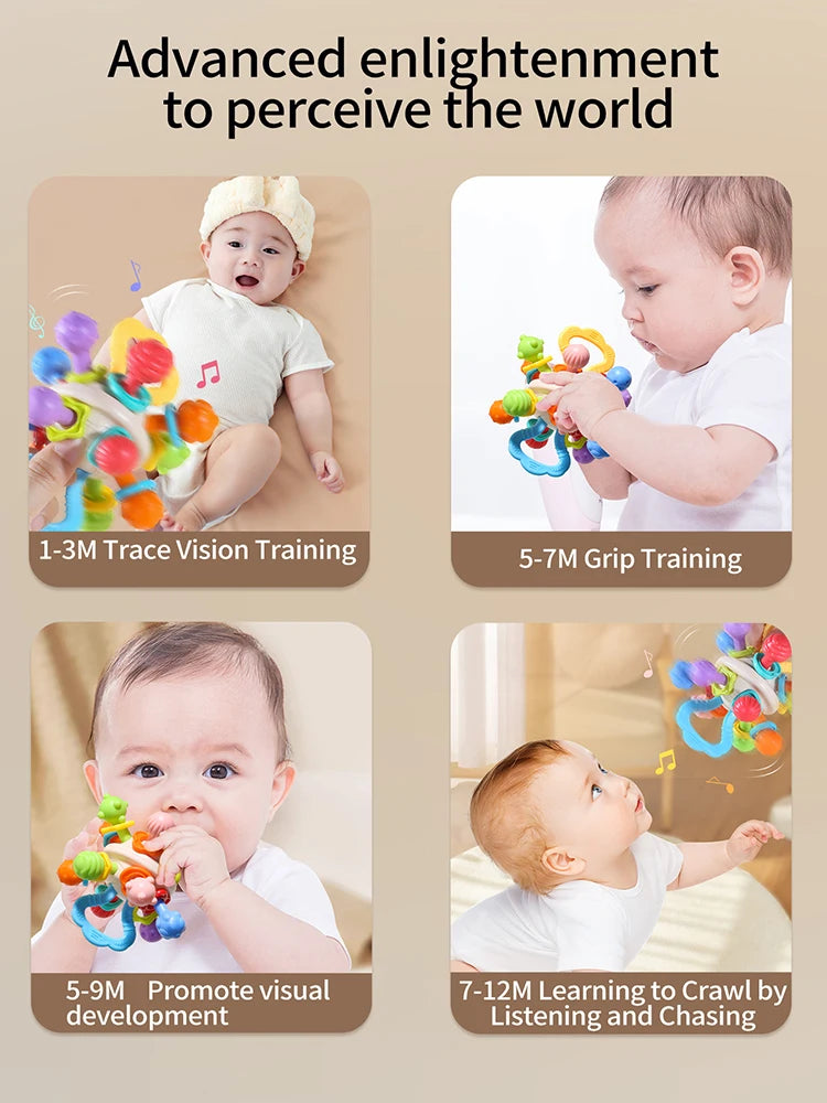 Baby Manhattan Ball Toy Montessori Teether Rattle for 0-18 Months Newborn Soothing Toy Easter Ramadan Gift for Boys Girls