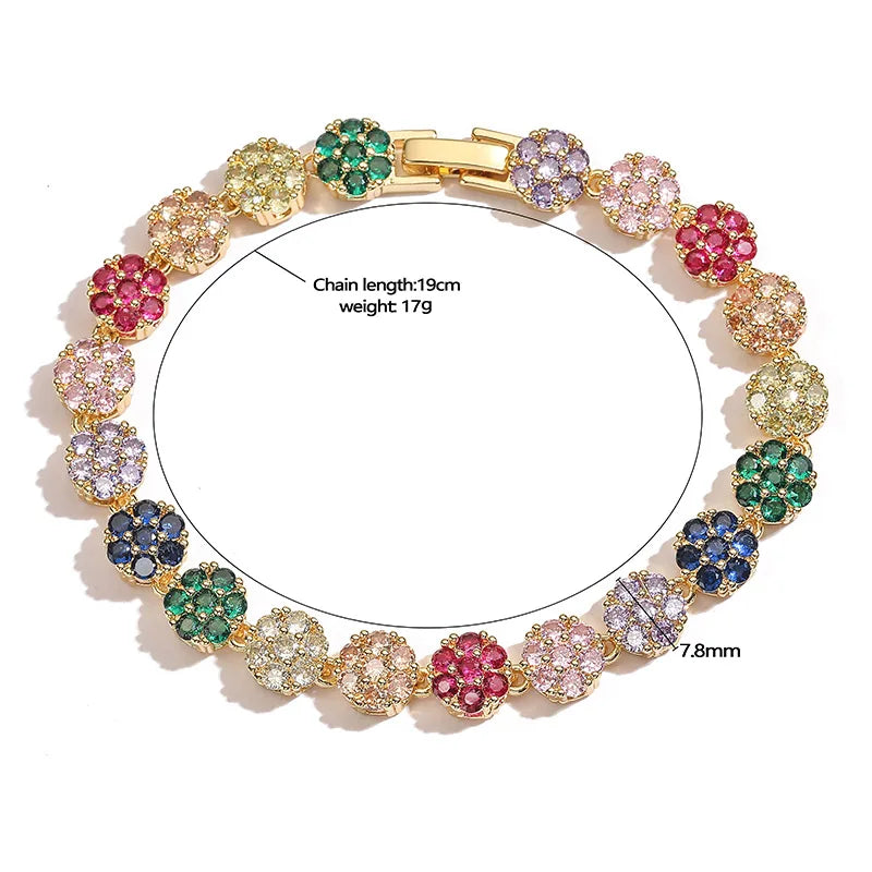 HECHENG, Flowers Colourful Zircon Necklace Bracelet ,Fine Jewelry Brass 18K Real Gold Plated Romantic Gift For Women