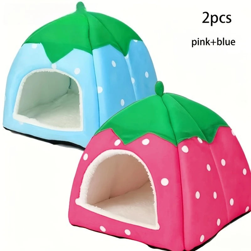 All-Season Removable and Washable Guinea Pig Rabbit Small Pet Warm Hideout VillaType Semi-Enclosed Strawberry Nest Small Pet Bed