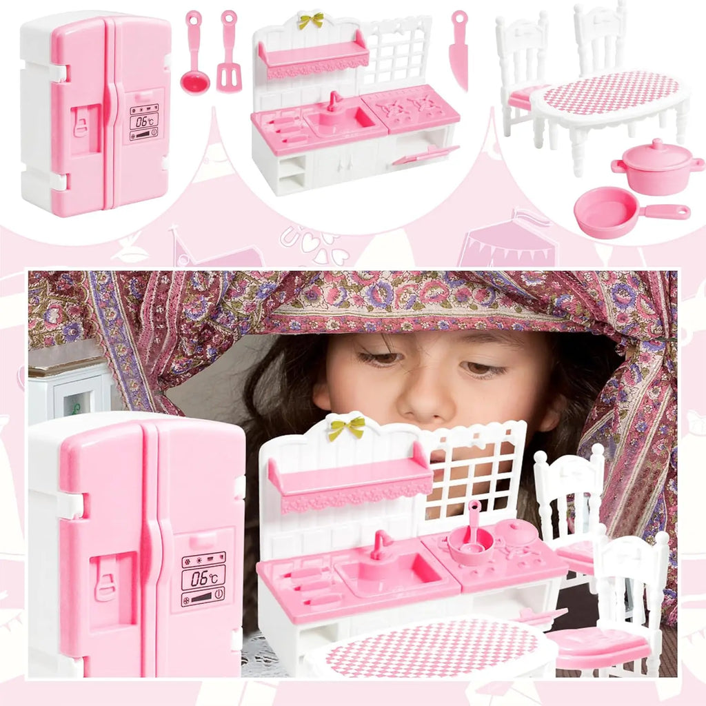 Pink Miniature Dollhouse Furniture Accessories Set Mini House Furniture Room Collection with Bedroom Living Room Kitchen Bathrom