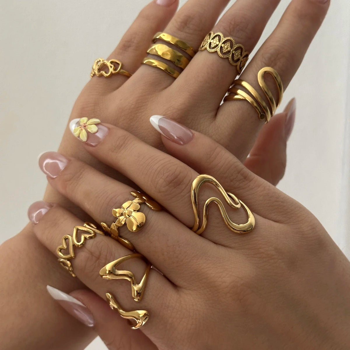 Gmai PVD Plated Stainless Steel Open Rings Set for Women Vintage Sun Leaf Shell Geometric Cuff Ring Hypoallergenic Jewelry Gift