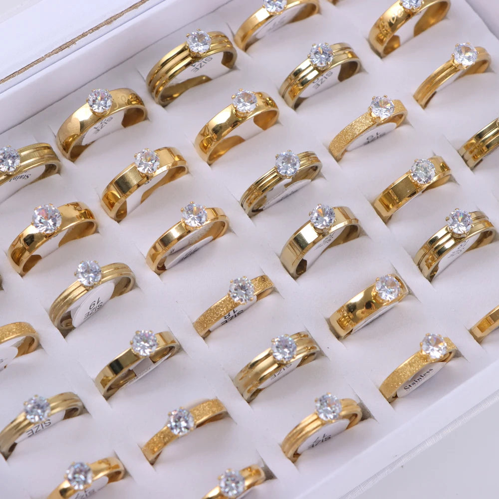10/20/30/50Pcs/Lot Fashion Elegant Inlaid Stainless Steel Ring With Rhinestone High-end Women's Proposal Engagement Jewelry Gift