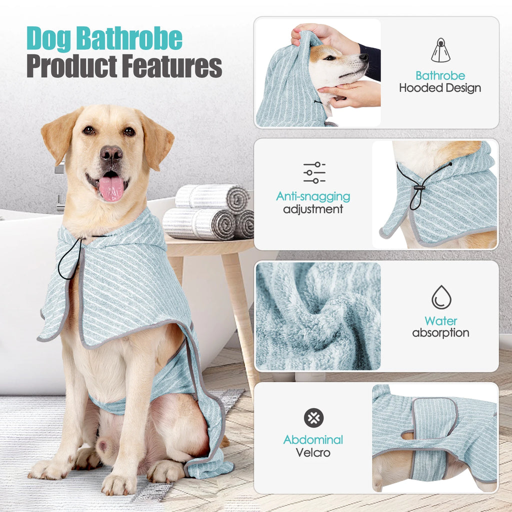 Dog Bathrobe Quick Dry Absorbent Pet Towel Coat Hooded Dog Bath Towel Soft Microfiber Drying Robe for Dogs